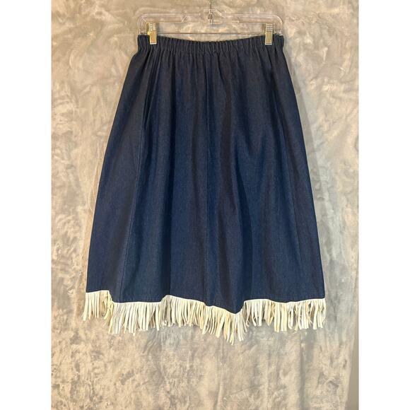 Vintage Western Dark Jean Midi Skirt Fringe Cowgirl Rockabilly M/L 1950's Pin-up - Picture 5 of 9
